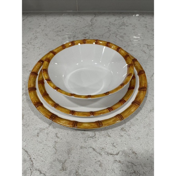 Set 4 WOOD LOOK RIM EDGE 7.5" White SALAD Soup Bowls Tommy Bahama Melamine Bowl - Picture 5 of 5